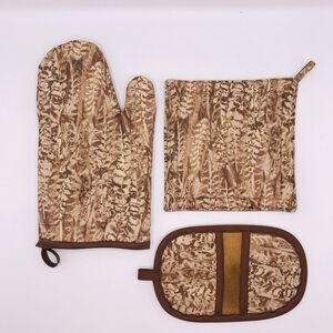 Oven Mitt Finger Hotpad, and Square Potholder Baking Gift Set, Neutral Tans